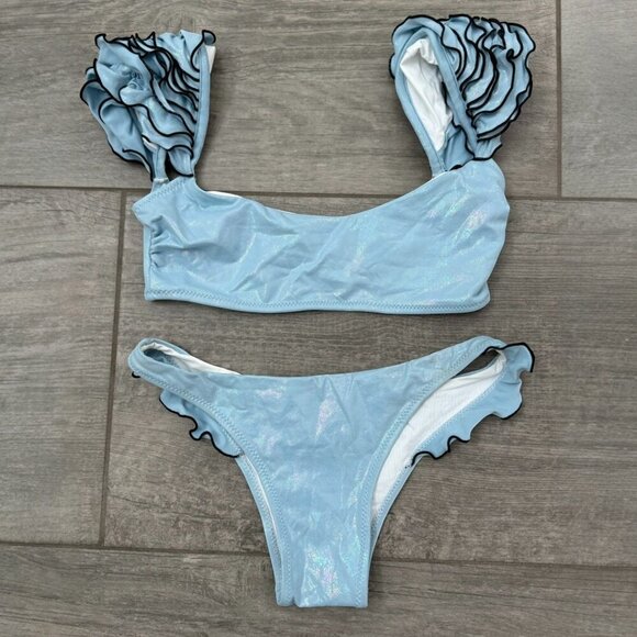 Shadi Deira Sky Bikini Metallic Blue Ruffle Made in Italy Size S - Picture 1 of 8